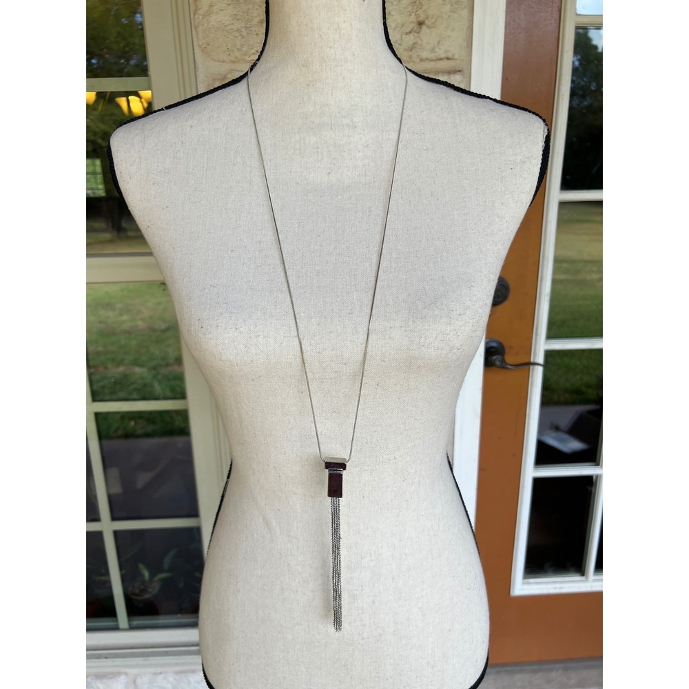 Lydell NYC Silver Tone Long Snake Chain Geometric Bar Tassel Necklace NWT